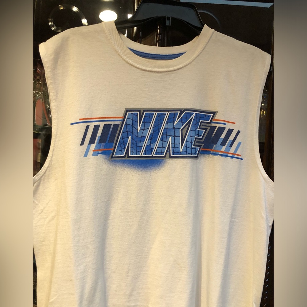 Nike White T-Shirt with Blue Neck Trim and Blue and orange trim Nike Logo - Picture 10 of 10